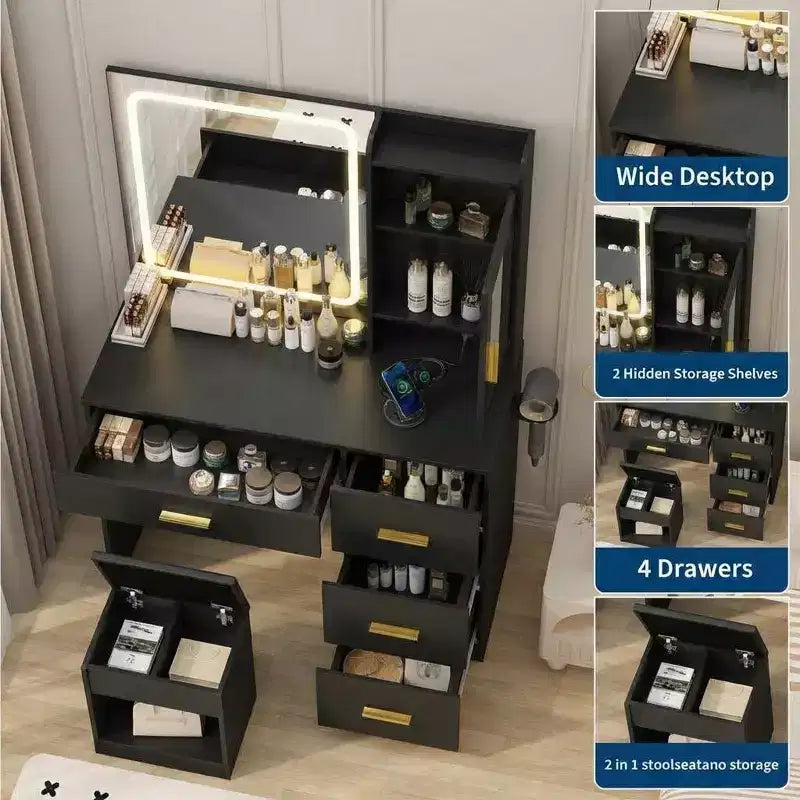COZONY Coiffeuse avec Miroir et Lumières, Table de Maquillage avec Station de Charge, 4 Tiroirs et Tabouret