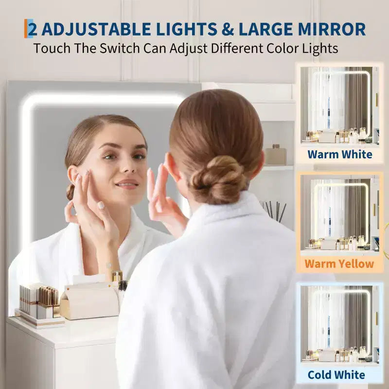 COZONY Coiffeuse avec Miroir et Lumières, Table de Maquillage avec Station de Charge, 4 Tiroirs et Tabouret