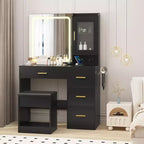 COZONY Vanity Desk with Mirror & Lights, Makeup Table w/ Charging Station, 4 Drawers & Stool