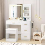 COZONY Coiffeuse avec Miroir et Lumières, Table de Maquillage avec Station de Charge, 4 Tiroirs et Tabouret