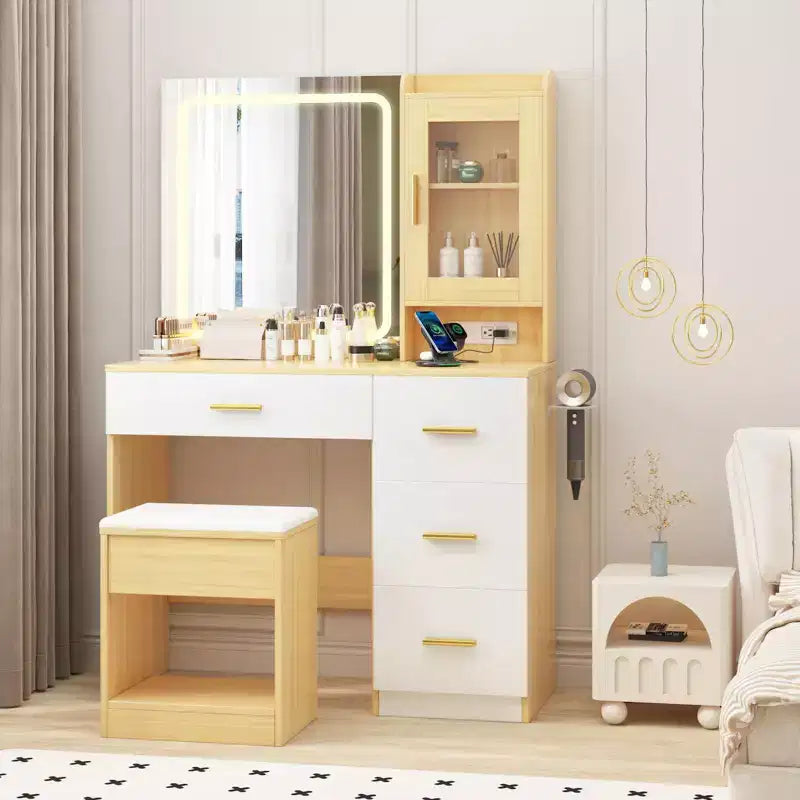COZONY Coiffeuse avec Miroir et Lumières, Table de Maquillage avec Station de Charge, 4 Tiroirs et Tabouret