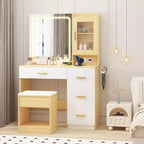COZONY Coiffeuse avec Miroir et Lumières, Table de Maquillage avec Station de Charge, 4 Tiroirs et Tabouret