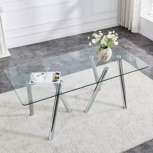 Table à manger en verre trempé de 180 cm avec pieds métalliques robustes, résistante aux chocs et à la chaleur pour les repas en famille