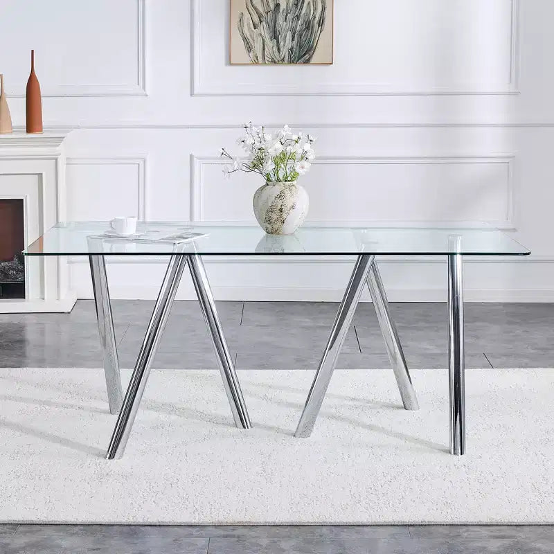 Table à manger en verre trempé de 180 cm avec pieds métalliques robustes, résistante aux chocs et à la chaleur pour les repas en famille