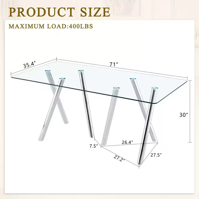 Table à manger en verre trempé de 180 cm avec pieds métalliques robustes, résistante aux chocs et à la chaleur pour les repas en famille