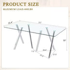 Table à manger en verre trempé de 180 cm avec pieds métalliques robustes, résistante aux chocs et à la chaleur pour les repas en famille