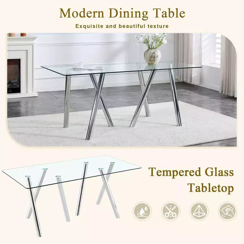 Table à manger en verre trempé de 180 cm avec pieds métalliques robustes, résistante aux chocs et à la chaleur pour les repas en famille