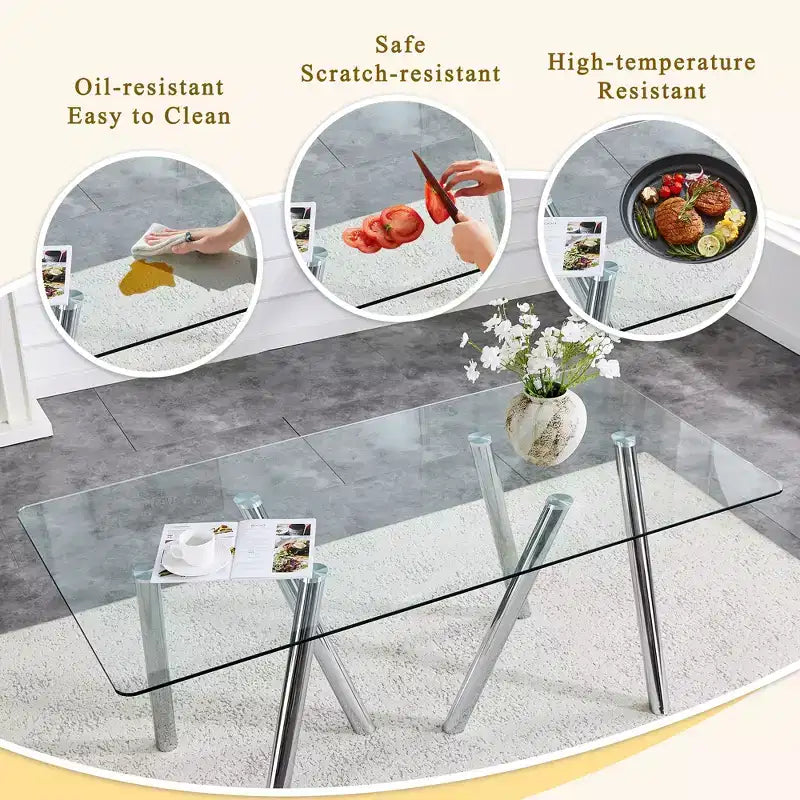 Table à manger en verre trempé de 180 cm avec pieds métalliques robustes, résistante aux chocs et à la chaleur pour les repas en famille