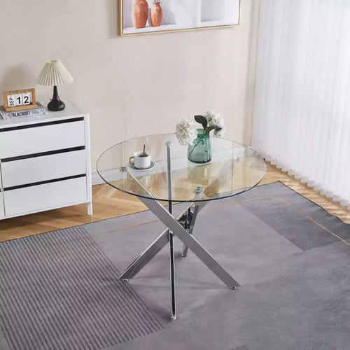 Ensemble de salle à manger 5 pièces style Mid-Century avec plateau en verre et pieds en métal pour 4 à 6 personnes, fait aussi office de table basse