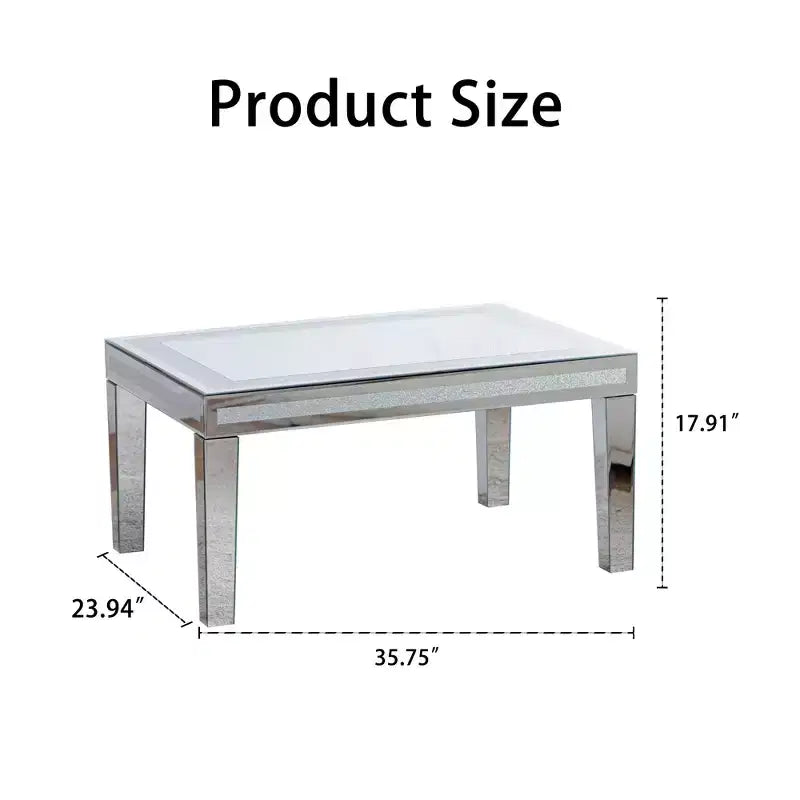Table basse rectangulaire argentée avec bordure en cristaux concassés et finition miroir