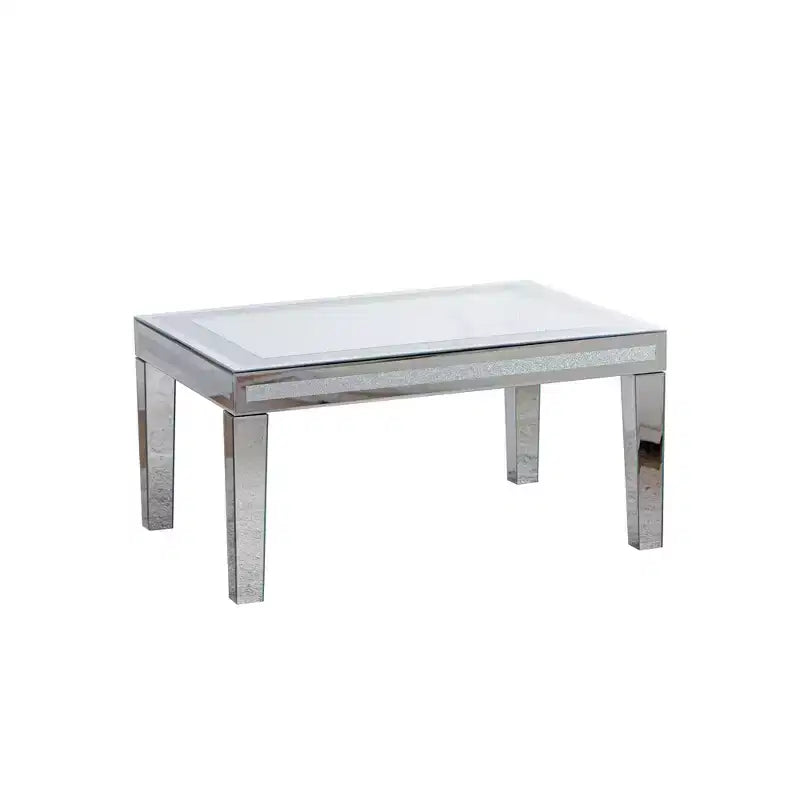 Table basse rectangulaire argentée avec bordure en cristaux concassés et finition miroir