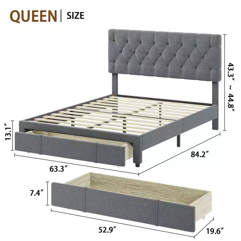 Cadre de lit Queen Size avec 2 tiroirs de rangement, cadre de lit plateforme rembourré avec tête de lit capitonnée réglable, sommier tapissier à lattes