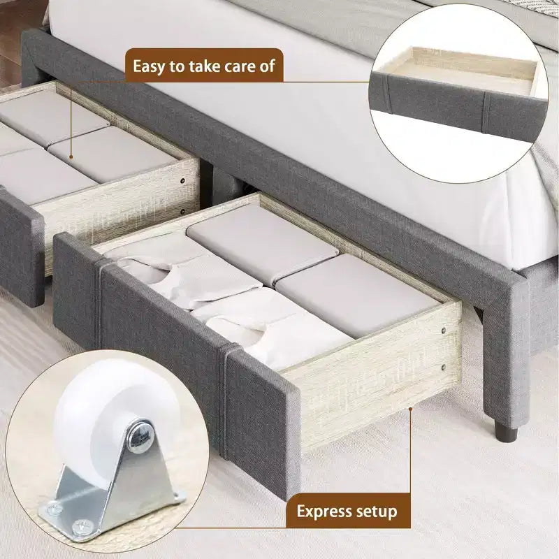 Cadre de lit Queen Size avec 2 tiroirs de rangement, cadre de lit plateforme rembourré avec tête de lit capitonnée réglable, sommier tapissier à lattes