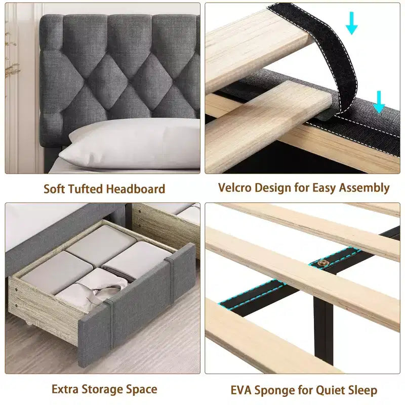 Cadre de lit Queen Size avec 2 tiroirs de rangement, cadre de lit plateforme rembourré avec tête de lit capitonnée réglable, sommier tapissier à lattes