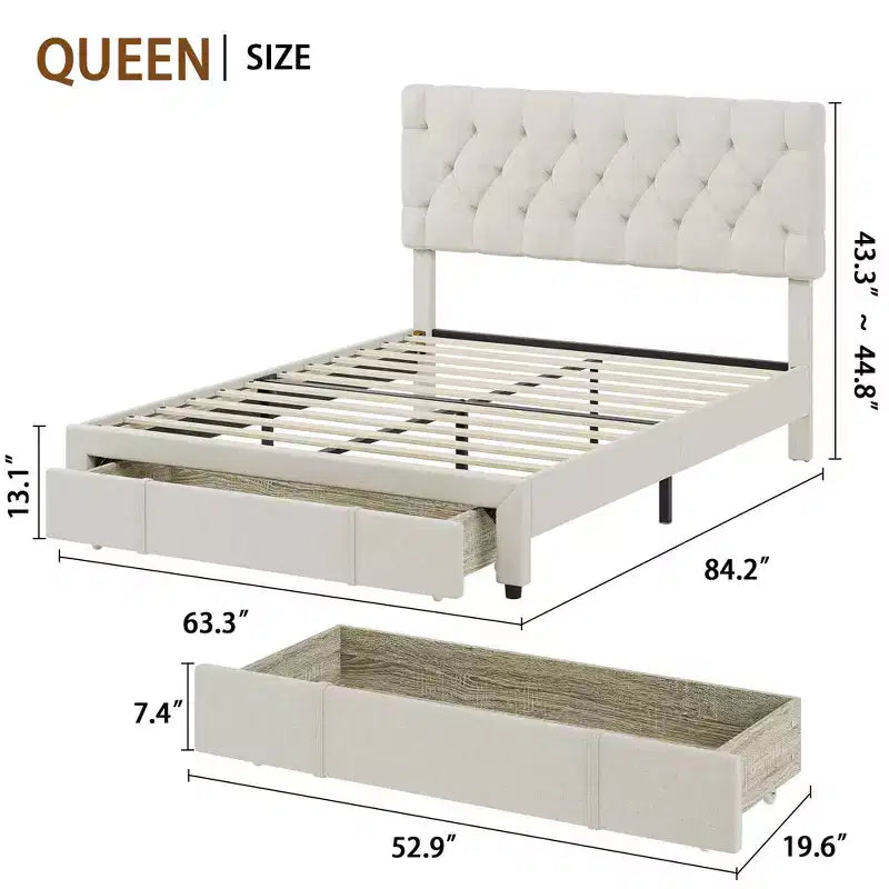 Cadre de lit Queen Size avec 2 tiroirs de rangement, cadre de lit plateforme rembourré avec tête de lit capitonnée réglable, sommier tapissier à lattes