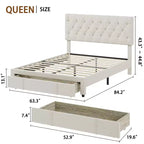 Cadre de lit Queen Size avec 2 tiroirs de rangement, cadre de lit plateforme rembourré avec tête de lit capitonnée réglable, sommier tapissier à lattes