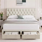 Cadre de lit Queen Size avec 2 tiroirs de rangement, cadre de lit plateforme rembourré avec tête de lit capitonnée réglable, sommier tapissier à lattes
