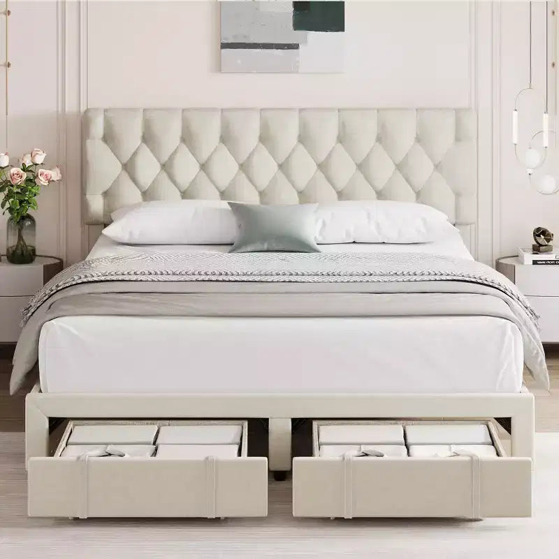 Cadre de lit Queen Size avec 2 tiroirs de rangement, cadre de lit plateforme rembourré avec tête de lit capitonnée réglable, sommier tapissier à lattes