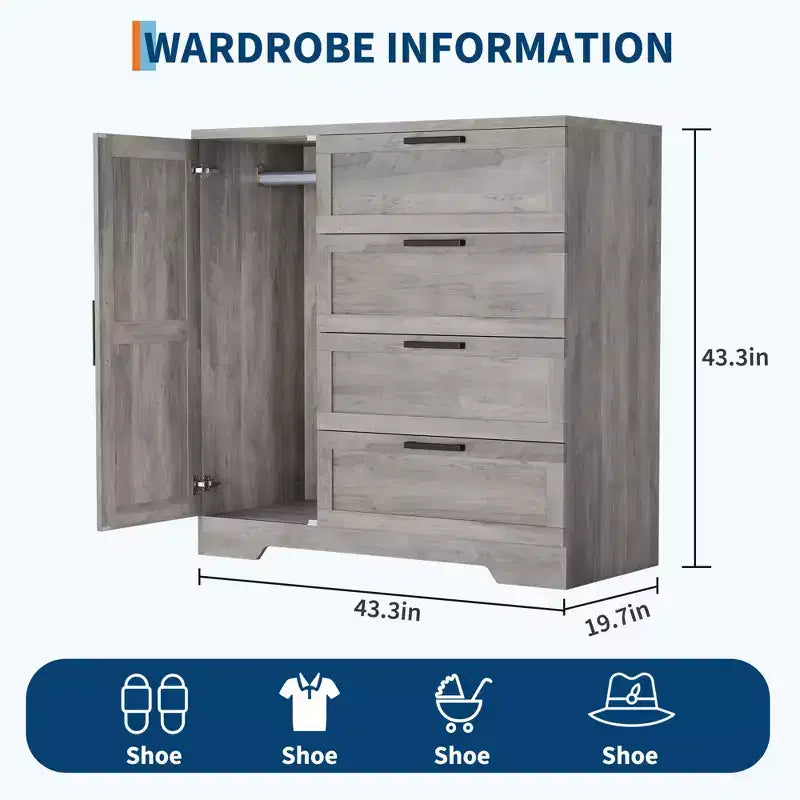 Armoire-penderie, 110 cm de hauteur, en bois, avec 4 tiroirs et une tringle de suspension, chêne gris naturel