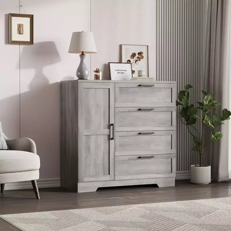 Armoire-penderie, 110 cm de hauteur, en bois, avec 4 tiroirs et une tringle de suspension, chêne gris naturel