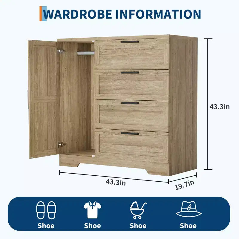 Armoire-penderie, 110 cm de hauteur, en bois, avec 4 tiroirs et une tringle de suspension, chêne gris naturel