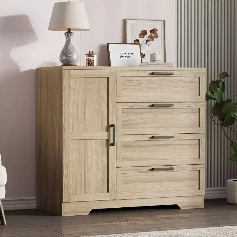 Armoire-penderie, 110 cm de hauteur, en bois, avec 4 tiroirs et une tringle de suspension, chêne gris naturel