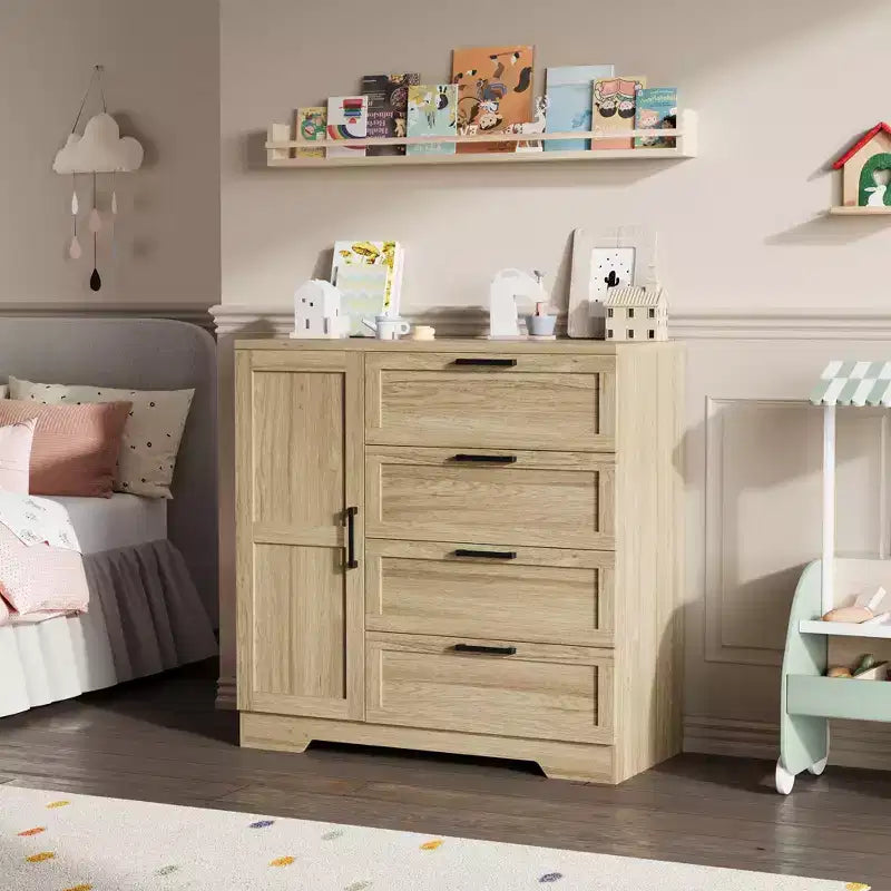 Armoire-penderie, 110 cm de hauteur, en bois, avec 4 tiroirs et une tringle de suspension, chêne gris naturel