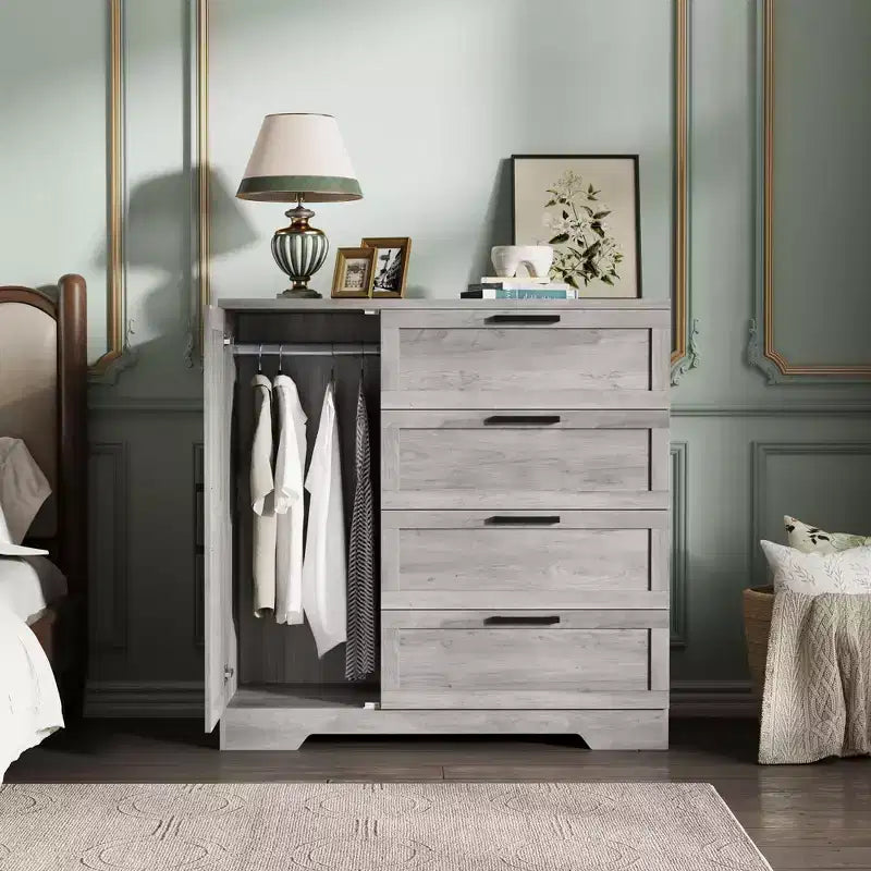 Armoire-penderie, 110 cm de hauteur, en bois, avec 4 tiroirs et une tringle de suspension, chêne gris naturel