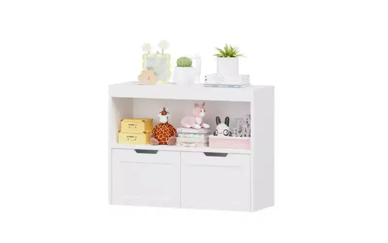 Meuble de rangement multifonctionnel JVNOXK avec 2 tiroirs et étagères ouvertes, offrant un grand espace de rangement, le choix parfait pour votre salon, Blanc