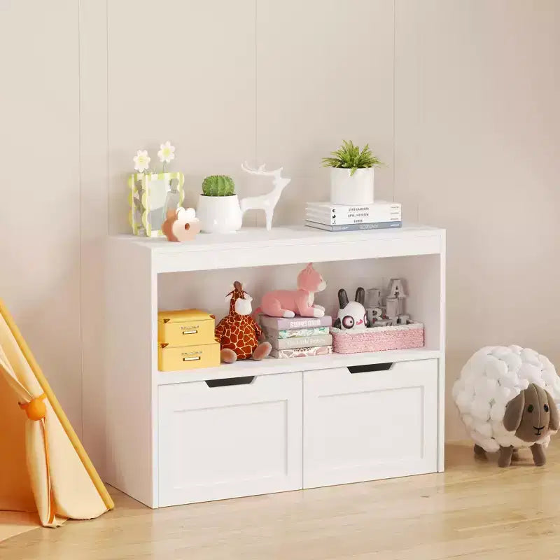 Meuble de rangement multifonctionnel JVNOXK avec 2 tiroirs et étagères ouvertes, offrant un grand espace de rangement, le choix parfait pour votre salon, Blanc