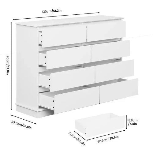 Commode à 8 tiroirs pour chambre à coucher, commode spacieuse avec rangement profond, commode double horizontale en bois avec grand plateau pour salon