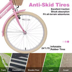 NAYSAYE Vélo de ville hybride pour filles de 24 pouces, pour les 7-10 ans et plus, avec panier en osier et porte-bagages arrière, vélos pour enfants