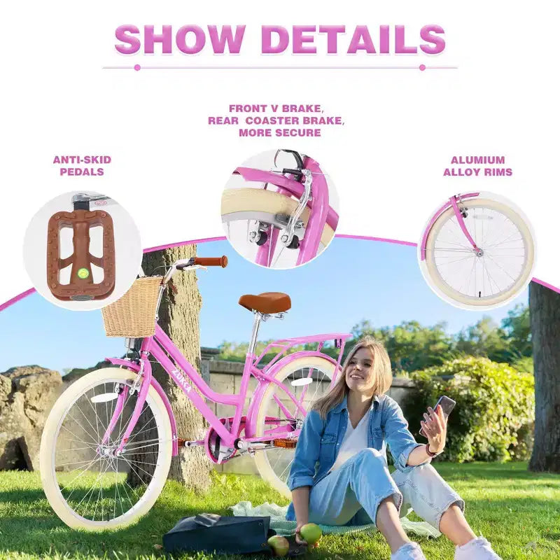 NAYSAYE Vélo de ville hybride pour filles de 24 pouces, pour les 7-10 ans et plus, avec panier en osier et porte-bagages arrière, vélos pour enfants
