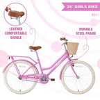 NAYSAYE Vélo de ville hybride pour filles de 24 pouces, pour les 7-10 ans et plus, avec panier en osier et porte-bagages arrière, vélos pour enfants