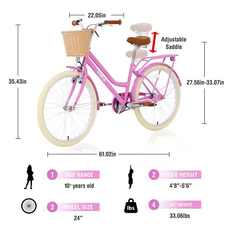 NAYSAYE Vélo de ville hybride pour filles de 24 pouces, pour les 7-10 ans et plus, avec panier en osier et porte-bagages arrière, vélos pour enfants