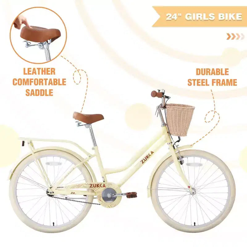 NAYSAYE Vélo de ville hybride pour filles de 24 pouces, pour les 7-10 ans et plus, avec panier en osier et porte-bagages arrière, vélos pour enfants