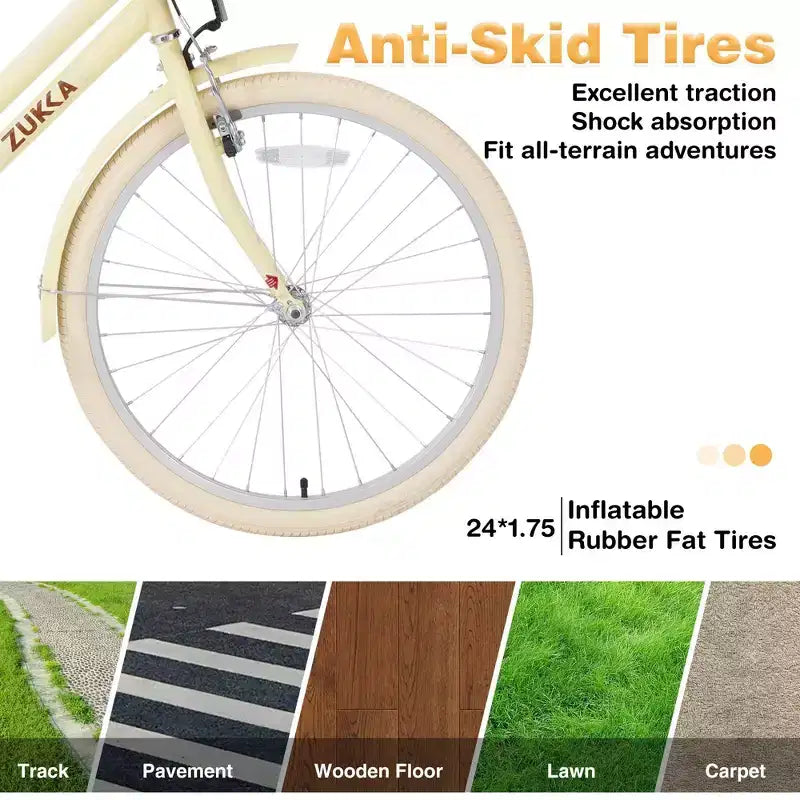 NAYSAYE Vélo de ville hybride pour filles de 24 pouces, pour les 7-10 ans et plus, avec panier en osier et porte-bagages arrière, vélos pour enfants