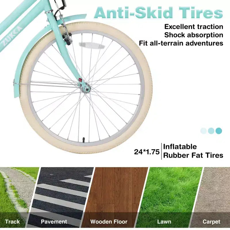 NAYSAYE Vélo de ville hybride pour filles de 24 pouces, pour les 7-10 ans et plus, avec panier en osier et porte-bagages arrière, vélos pour enfants