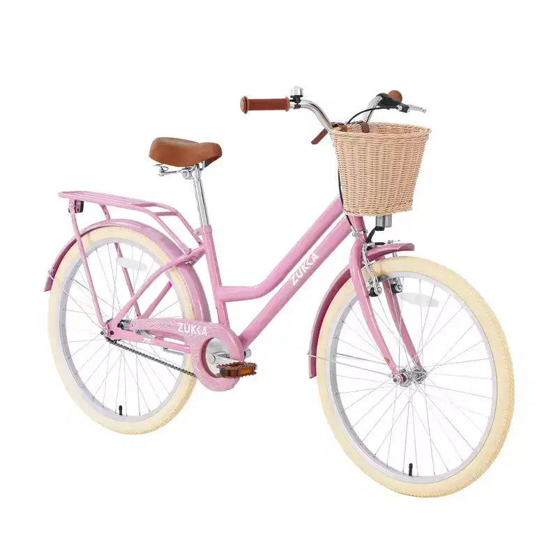 NAYSAYE Vélo de ville hybride pour filles de 24 pouces, pour les 7-10 ans et plus, avec panier en osier et porte-bagages arrière, vélos pour enfants