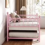 Lit de repos/lit gigogne COZONY deux places, cadre en acier, lattes de soutien, roulettes verrouillables, rose