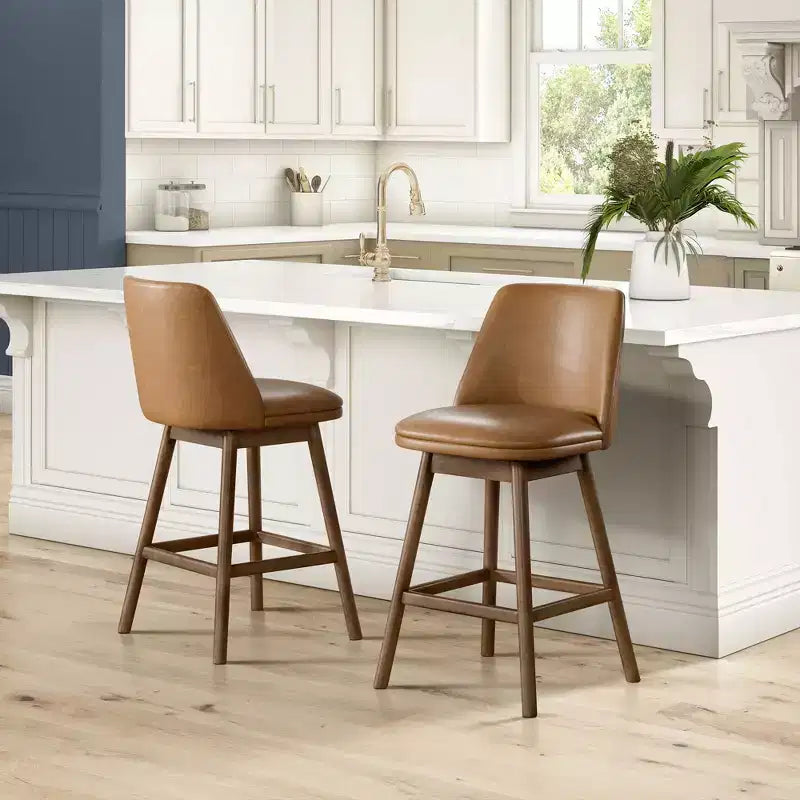 ROME + OAK Tabouret de bar pivotant Rowan de 66 cm en noyer avec assise rembourrée en similicuir marron - Meuble de cuisine ou de salle à manger
