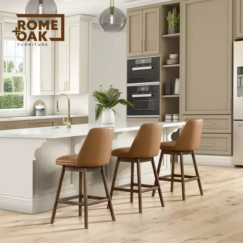 ROME + OAK Tabouret de bar pivotant Rowan de 66 cm en noyer avec assise rembourrée en similicuir marron - Meuble de cuisine ou de salle à manger