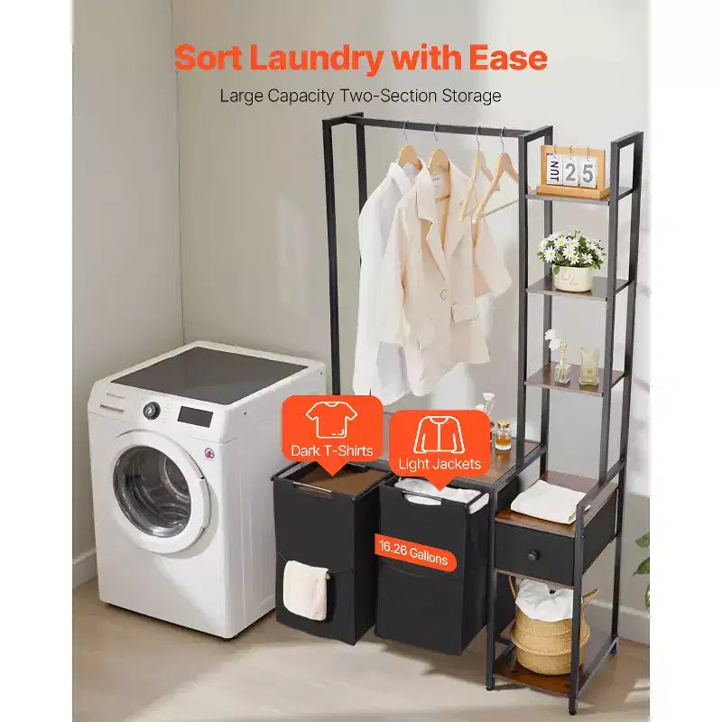 Trieur à linge à 3 niveaux VEVOR avec étagère, panier à linge haut avec étagères et tiroirs, étagère de rangement autoportante à 2 sections, noir