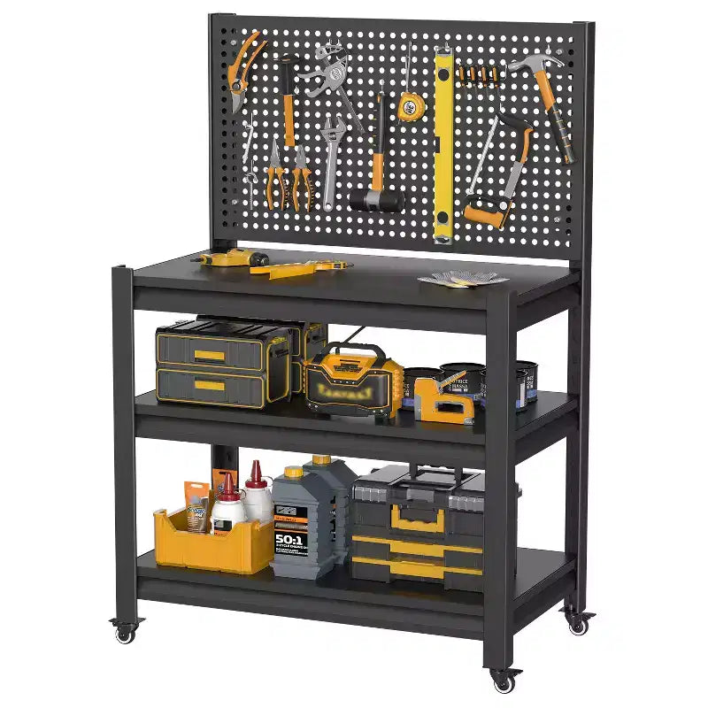 VIYET 18 Heavy-Duty Metal Storage Shelving with Pegboard - 3-Tier Adjustable Garage Rack & Industrial Utility Shelf for Kitchen, Pantry & Garden