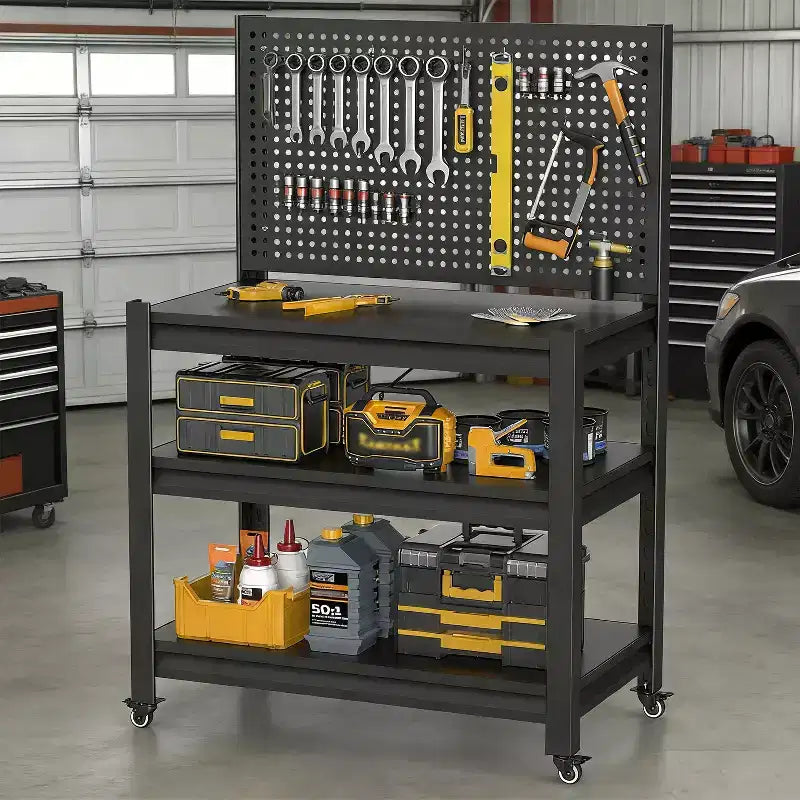 VIYET 18 Étagère de Rangement Métallique Robuste avec Panneau Perforé - Étagère de Garage Réglable à 3 Niveaux et Étagère Utilitaire Industrielle pour Cuisine, Garde-Manger et Jardin