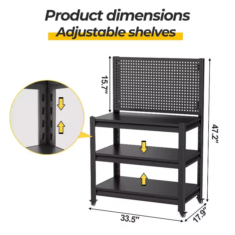 VIYET 18 Étagère de Rangement Métallique Robuste avec Panneau Perforé - Étagère de Garage Réglable à 3 Niveaux et Étagère Utilitaire Industrielle pour Cuisine, Garde-Manger et Jardin