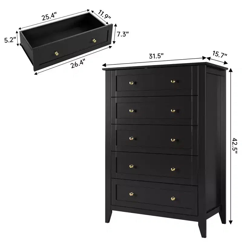Commode haute en bois à 5 tiroirs, commode de chambre moderne avec tiroirs profonds et poignées métalliques pour chambre à coucher, entrée et couloir