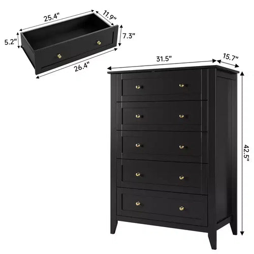 Commode haute en bois à 5 tiroirs, commode de chambre moderne avec tiroirs profonds et poignées métalliques pour chambre à coucher, entrée et couloir