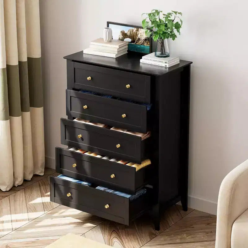 Commode haute en bois à 5 tiroirs, commode de chambre moderne avec tiroirs profonds et poignées métalliques pour chambre à coucher, entrée et couloir