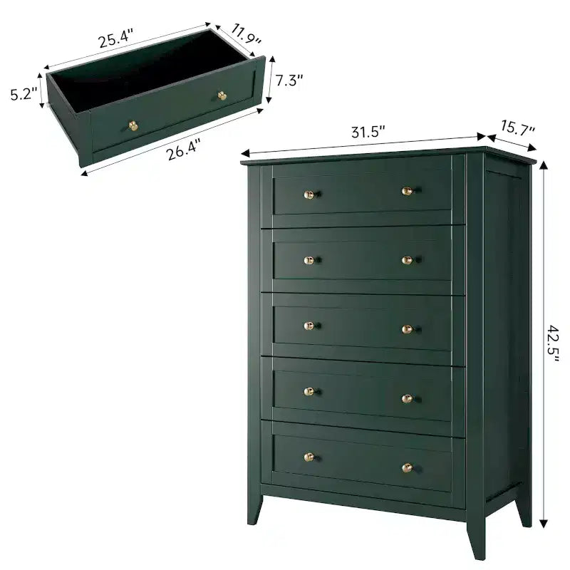 Commode haute en bois à 5 tiroirs, commode de chambre moderne avec tiroirs profonds et poignées métalliques pour chambre à coucher, entrée et couloir